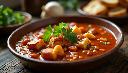 Spicy Portuguese asorda dish with garlic and coriander, served in a rustic style with thick broth
