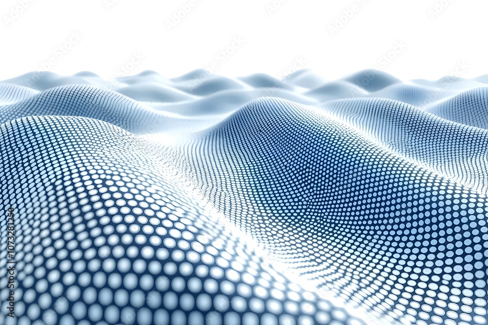 Poster a mesmerizing abstract landscape of undulating waves created from a grid of blue dots, evoking a sen