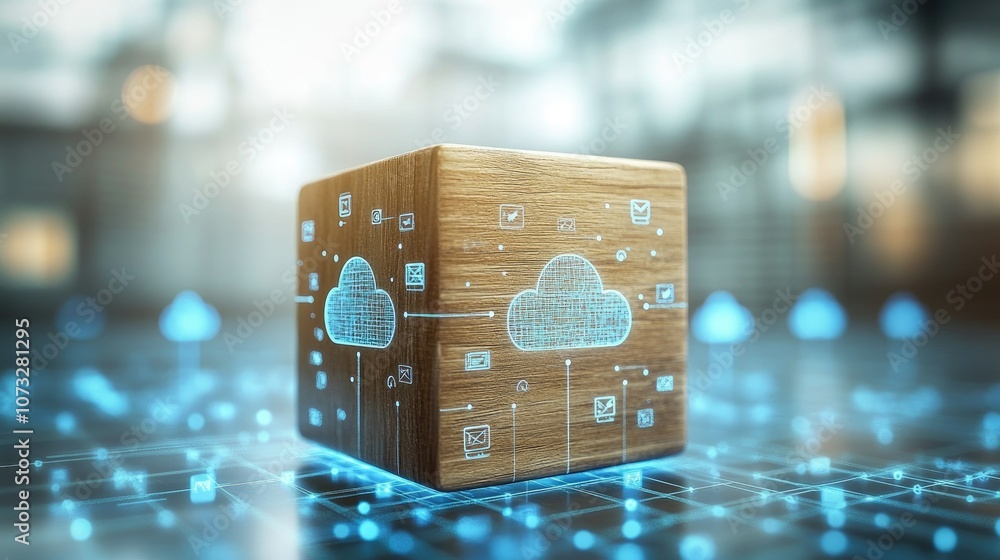 Poster a wooden cube with a glowing cloud icon representing the concept of cloud computing.