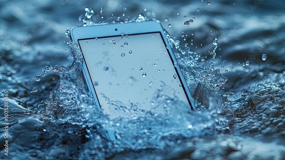 Poster a tablet computer submerged in water with splashes.