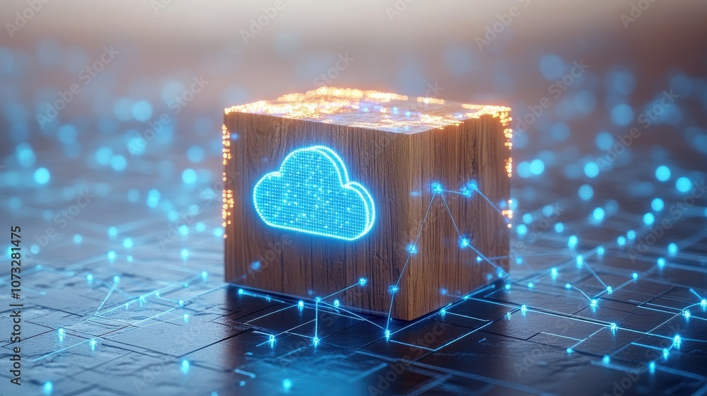 Poster a glowing cloud icon on a wooden cube, symbolizing cloud computing and digital transformation, set a