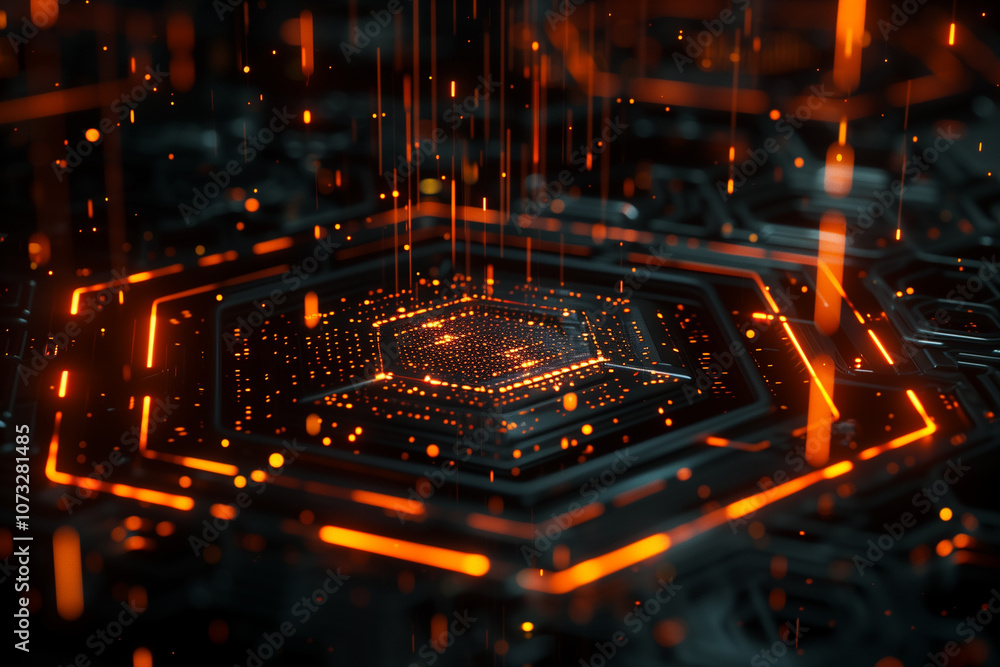 Poster digital matrix with hexagonal patterns, glowing edges, and rotating holographic data points, symboli