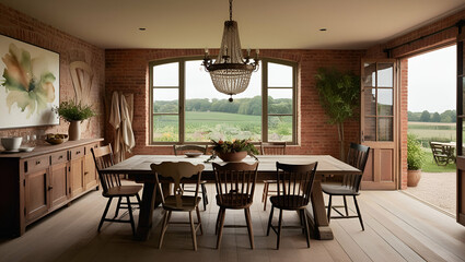Warm Country-Style Dining Area with Vintage Chandelier