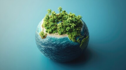 Obraz premium A miniature globe with a tropical island featuring palm trees, sand, and ocean waves.