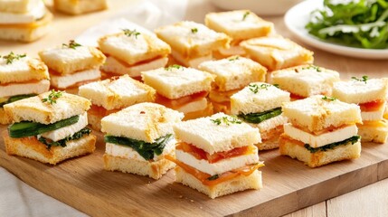 Delightful Mini Sandwich Platter with Fresh Ingredients, Perfect for Parties, Celebrations, and Buffets Featuring Colorful Layers and Garnishes