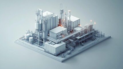 Isometric 3D rendering of a stylized industrial complex with pipes and machinery on a gray background.