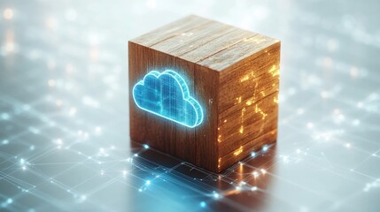 Fototapeta premium A blue cloud computing icon inside a wooden cube.