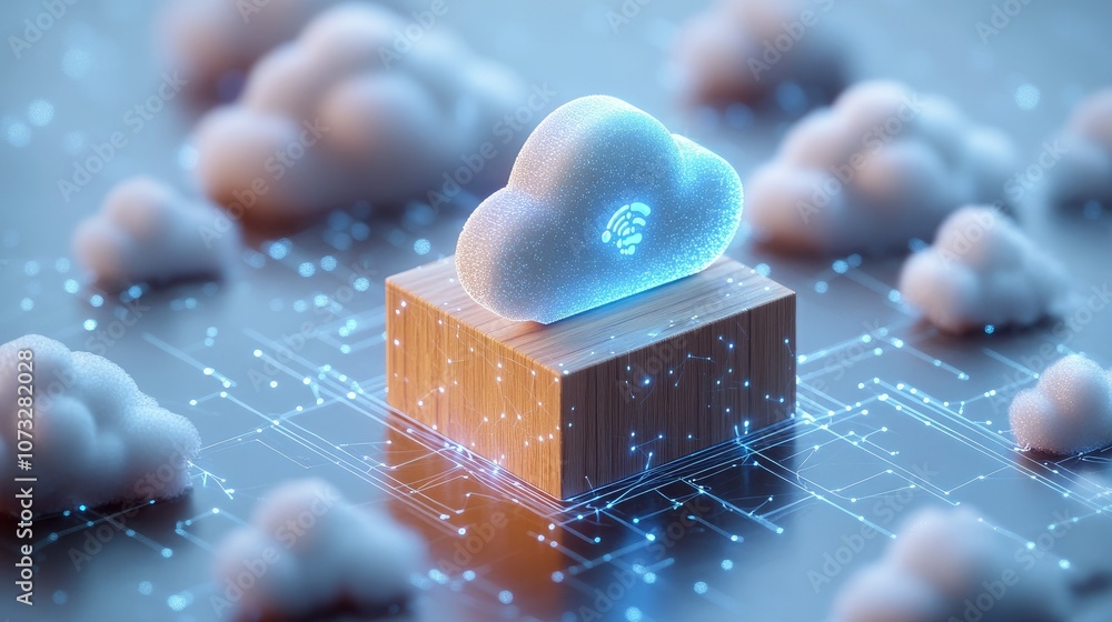 Poster a cloud computing concept with a cloud symbol glowing on a wooden block.