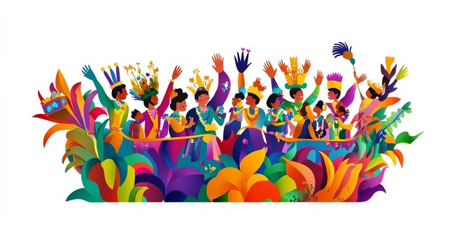 a 2D cartoon illustration of a parade float with people waving during Mardi Gras, colorful and lively, white background--ar 16:9