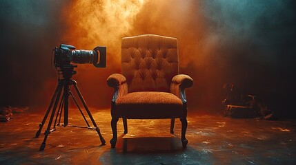 Fototapeta premium A professional camera on a tripod is set up to film an interview in a studio with a large, comfortable armchair in the foreground and a smoky backdrop.