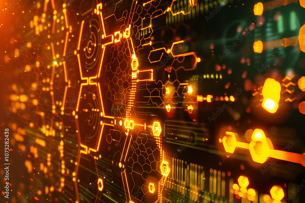 Poster digital matrix with hexagonal patterns, glowing edges, and rotating holographic data points, symboli