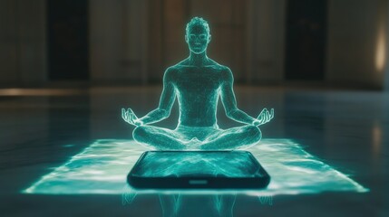 A digital representation of a man meditating on a smartphone.