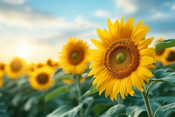 Obraz premium A field of sunflowers with a single sunflower in the foreground