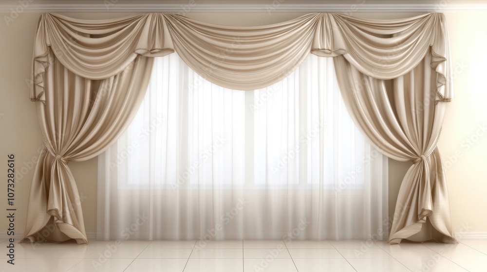 Poster soft, elegant draped curtains in a classic beige tone, with subtle light filtering through, creating