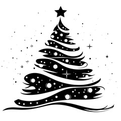 Abstract black and white Christmas tree with decorative swirls and star