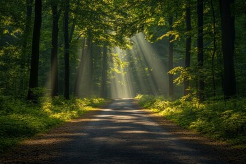 Fototapeta premium A forest path with sunlight shining through the trees