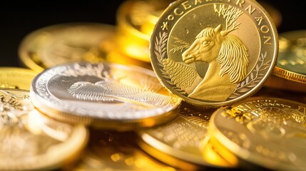 A Pile of Gold Coin - a shiny and alluring visual. The pile of gold coins creates a luxurious and eye-catching look. It gives the impression of great wealth and prosperity, making it a wonderful choic