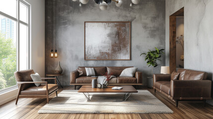 Interior of modern living room with brown colors, leather couch and sofa against concrete wall with abstract painting, view of window. Concept of home design