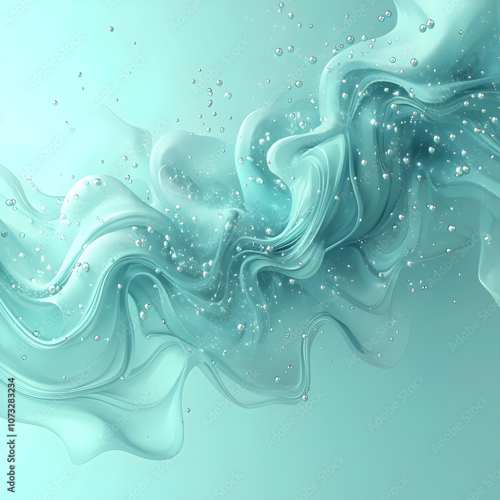 Poster an abstract representation of flowing turquoise water with bubbles suspended in the air, creating a 