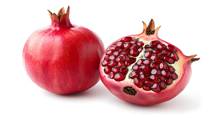 pomegranate closeup white and black background, Fresh ripe pomegranate with green leaves isolated on white and black background Big red pomegranate fruit and half pomegranate healthy food concept 