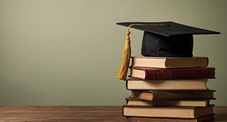 Symbol of Education and Success: Mortarboard on Book Stack with Blank Space, Cap And Books On The Table