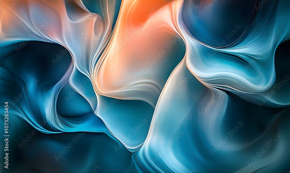 Poster abstract composition with flowing, wavy lines and soft gradients. it features a mix of blues, teals,