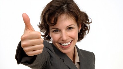 Smiling Businesswoman Giving Thumbs Up Gesture in Professional Attire, Showcasing Confidence and Positivity in a Corporate Environment with Bright Background
