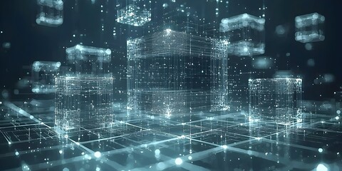 Obraz premium A futuristic digital landscape of glowing, transparent cubes representing data and technology, evoking a sense of innovation and connectivity in a virtual environment.