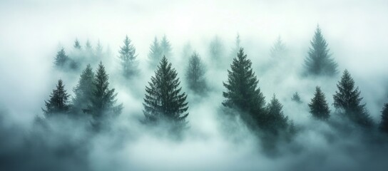 A misty forest with trees and mountains in the background