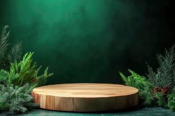 Eco friendly natural wooden platform stage blank for product show over Christmas or New Year green background. with generative ai