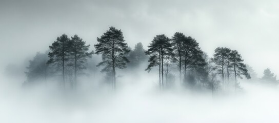 A misty forest with trees and mountains in the background