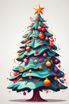 Festive Cartoon-Style Christmas Tree Illustration: Decorated in Line Art on White Background
