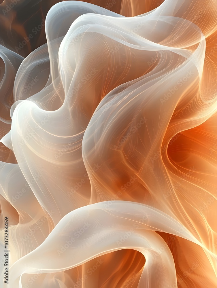Poster a mesmerizing abstract composition of swirling white and orange smoke, creating a fluid and dynamic 