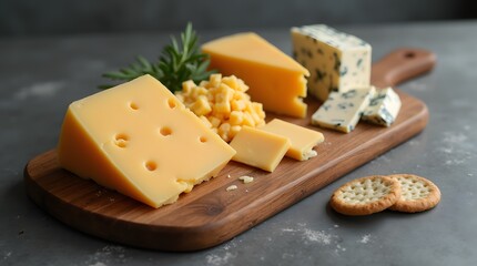 A wooden board lies on a graphite-colored table; on the board there are different types of hard cheeses. Blue cheese Dor Blue, Emmental, Maasdam and decorated with herbs. 