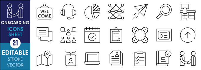 A set of line icons related to Onboarding. Welcome, chat, map, desk service, pie chart, paper plane, presentation, certificate, checklist, and so on. Vector editable stroke.
