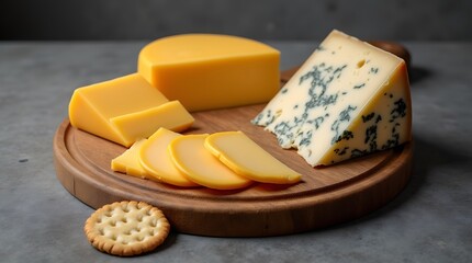 Cheese board with two types of cheese sliced ​​and a cracker next to it. Cheddar cheese cut into thin slices on a wooden board and blue cheese next to it. Cheese plate.