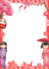 Hand-drawn Frame Girls walking in japan sakura festival