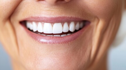 Fototapeta premium Close-Up of a Smiling Woman's Mouth Showcasing Healthy White Teeth and Lips, Highlighting Happy Emotions and Welcoming Expression in a Bright Environment