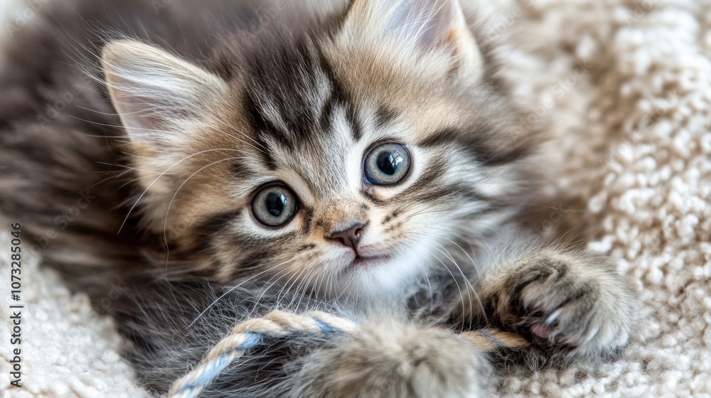 Poster adorable fluffy kitten with captivating blue eyes playing with a string on a cozy surface, showcasin