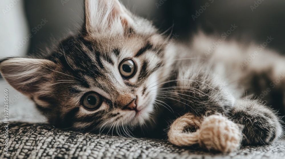Poster Adorable Gray Tabby Kitten Playfully Resting on a Cozy Sofa with a Twisted String Toy in Its Paws, Showcasing Large Eyes and Soft Fur Texture