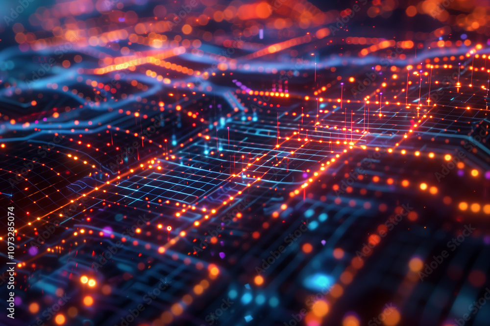Poster digital matrix with hexagonal patterns, glowing edges, and rotating holographic data points, symboli