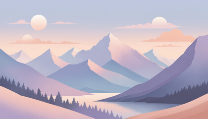 A serene landscape with a mountain range, a lake, and a pastel sky with two moons.