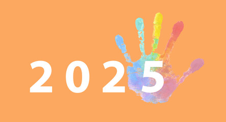 Obraz premium 2025 new year positive logo with rainbow palm of hand imprint an orange background