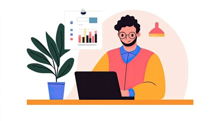 A person is working on a laptop at a desk with a plant, surrounded by charts and data, showcasing a modern workspace.