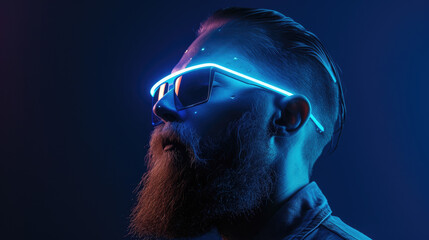 Young man in futuristic neon glasses, portrait of bearded person on dark blue studio background. Concept of vr, fashion, technology, future.