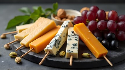 Cheese board with cheddar cheese, parmesan, blue cheeses (Roquefort, Dorblu, Gorgonzola, Camembert and feta). Cheese plate with grapes, olives, herbs and nuts.