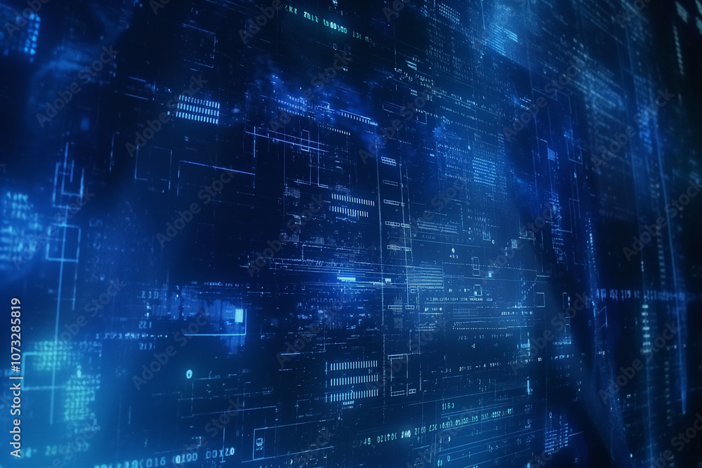 Poster holographic digital interface with layers of code, data graphs, and cyber security symbols, floating