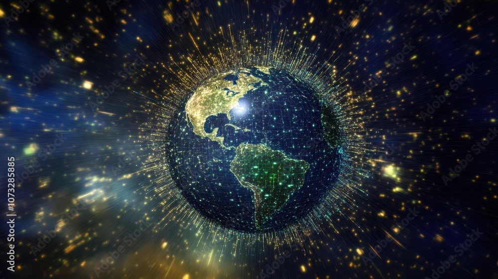 Poster stunning 3d visualization of earth surrounded by cosmic particles and glowing lights in a deep space