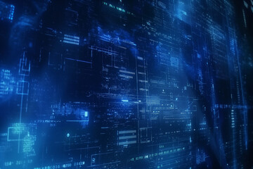 Obraz premium Holographic digital interface with layers of code, data graphs, and cyber security symbols, floating in a deep blue cyber space. futuristic tech background wallpaper 