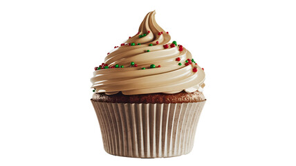A festive Christmas-themed cupcake with a rich, creamy vanilla frosting.